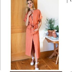 Emerson Fry Desert Dress XS‎ – Linen Blend Button Front Midi in Terracotta